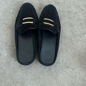 Tory Burch Black Suede Slip-On Loafers with Gold Hardware